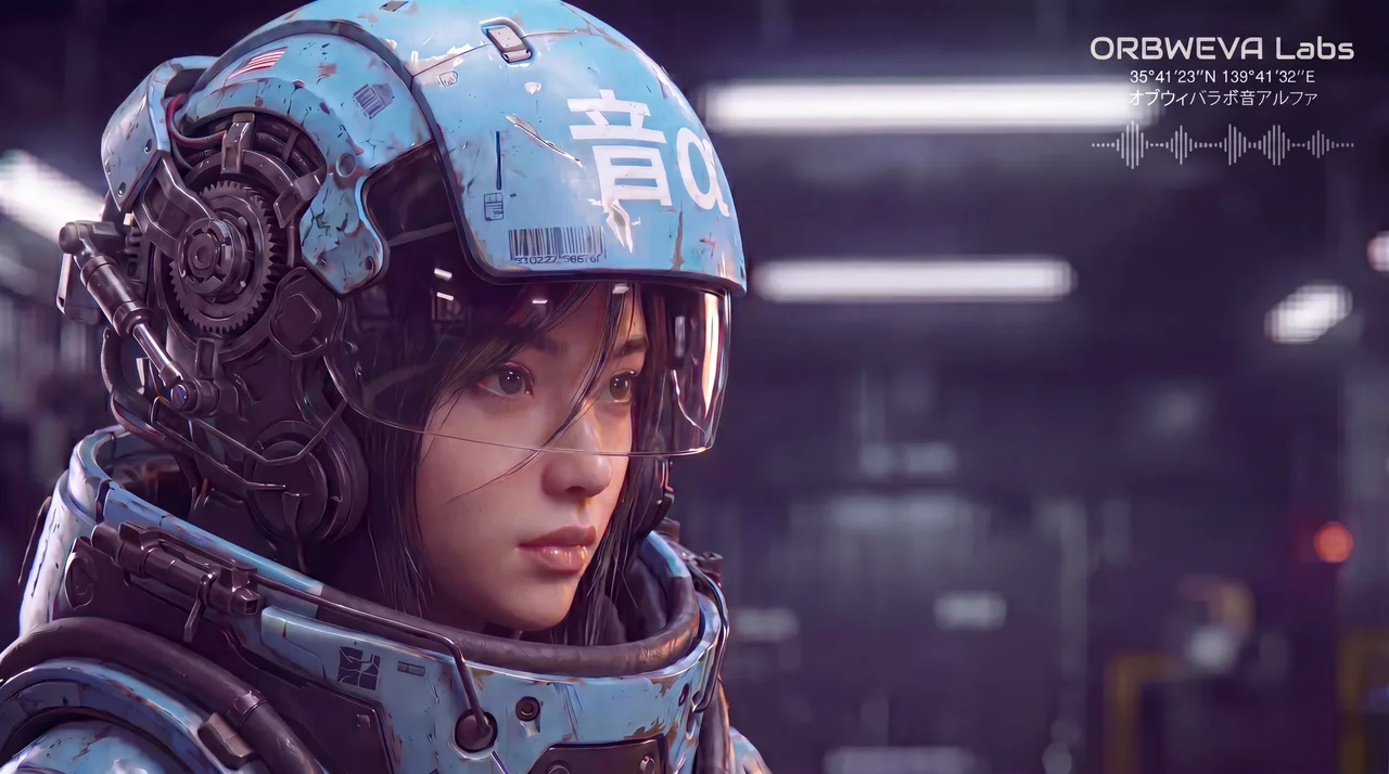 스카이 시안색 헬멧에 音α 데칼을 단 메카 파일럿. 바이저에는 ORBWEVA Labs, 도쿄 좌표(35°41′23″N 139°41′32″E), 가타카나 표기 オブウィバラボ音アルファ가 표시되어 있습니다.
